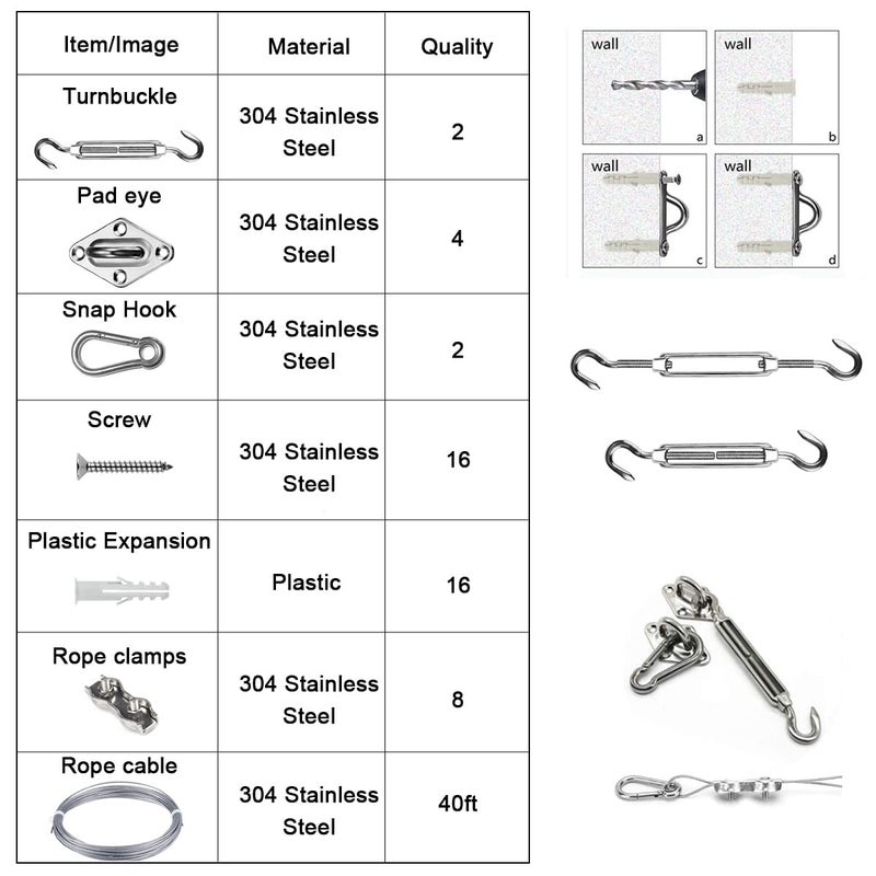 BEAYFILY Sun Shade Hardware Kit for Rectangle and Square Sun Shade Sails Installation,5 inch Heavy Duty Anti-Rust Sail Shade Hardware Kit with 50 ft Cable Wire Ropes - Image 5
